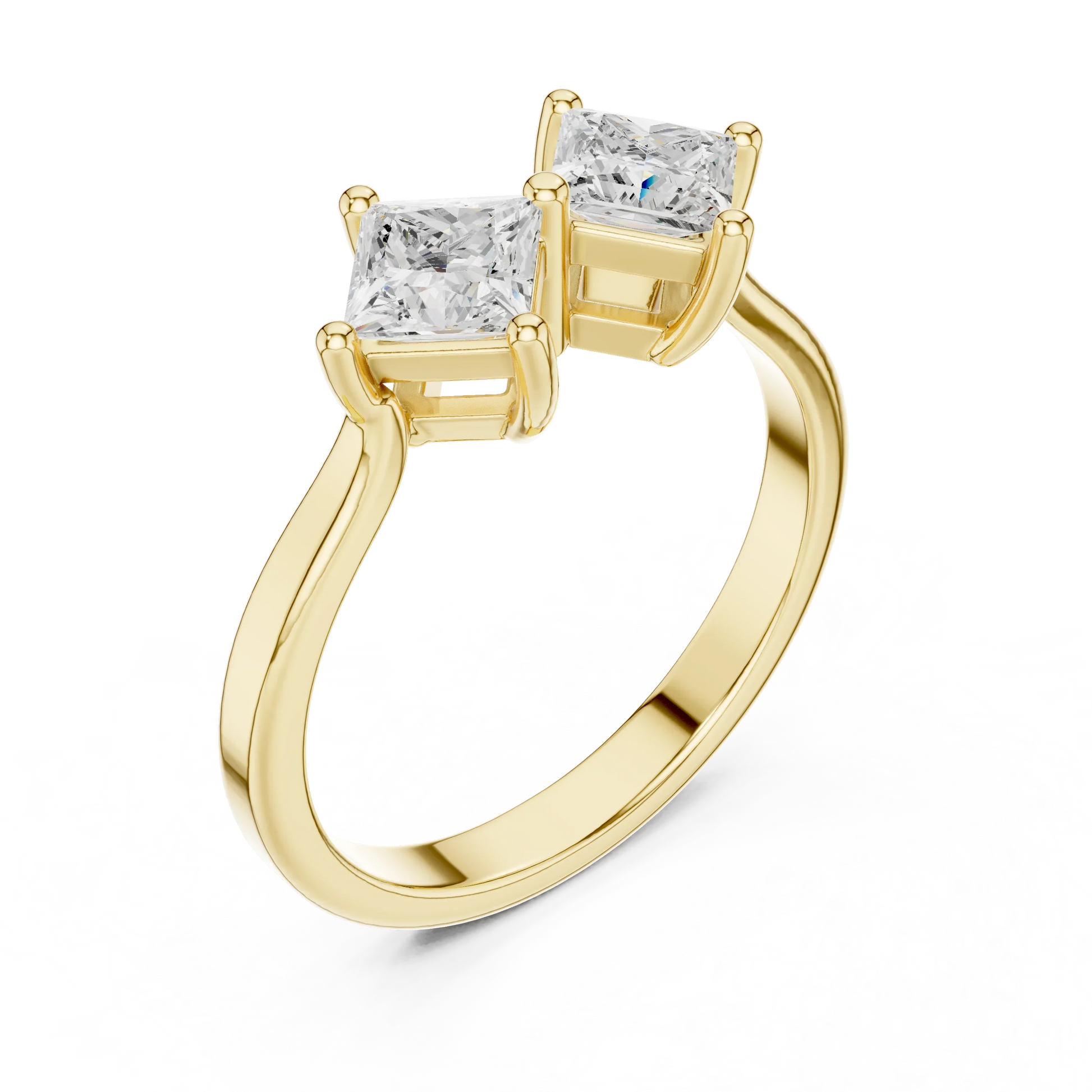Front view of yellow gold Toi et Moi ring showcasing double princess cut lab-grown diamonds