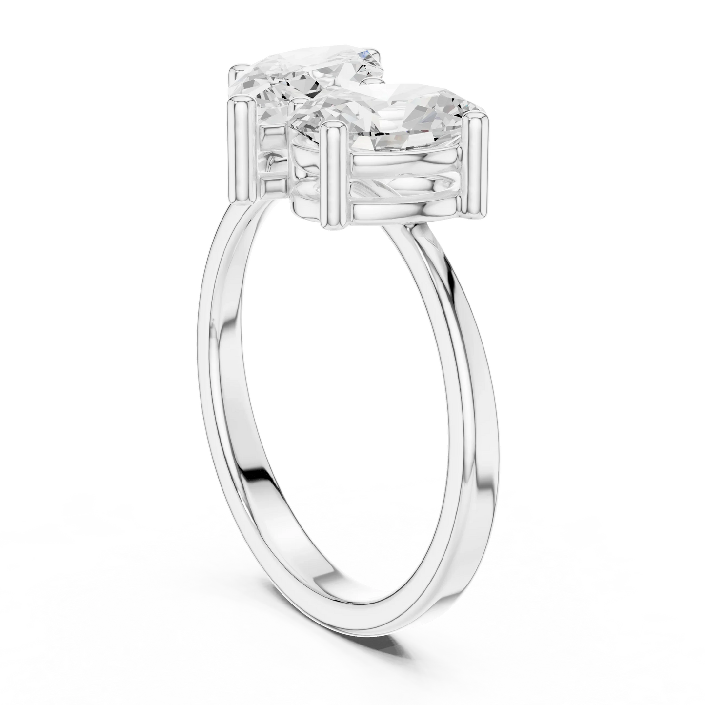 Back view of Toi et Moi ring in white gold with marquise and oval lab-grown diamonds and polished band