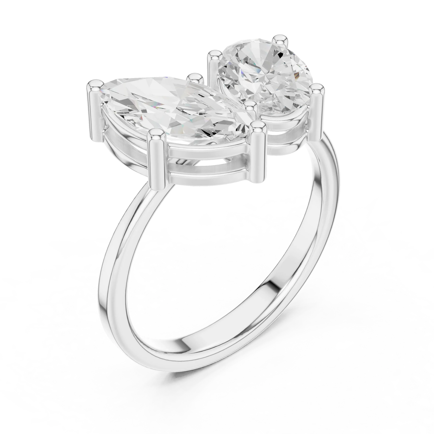 Front view of white gold Toi et Moi ring featuring marquise and oval lab-grown diamonds