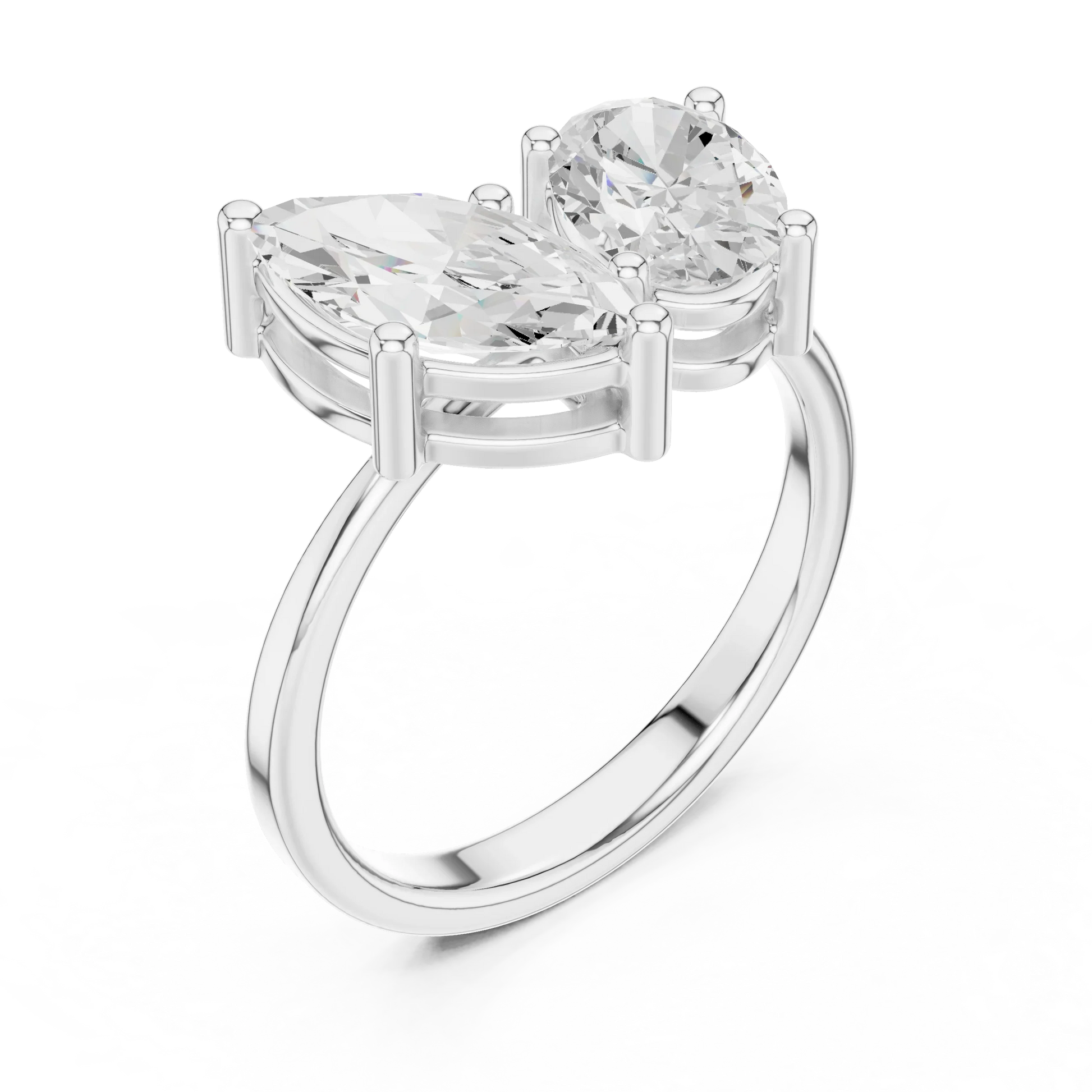 Front view of white gold Toi et Moi ring featuring marquise and oval lab-grown diamonds