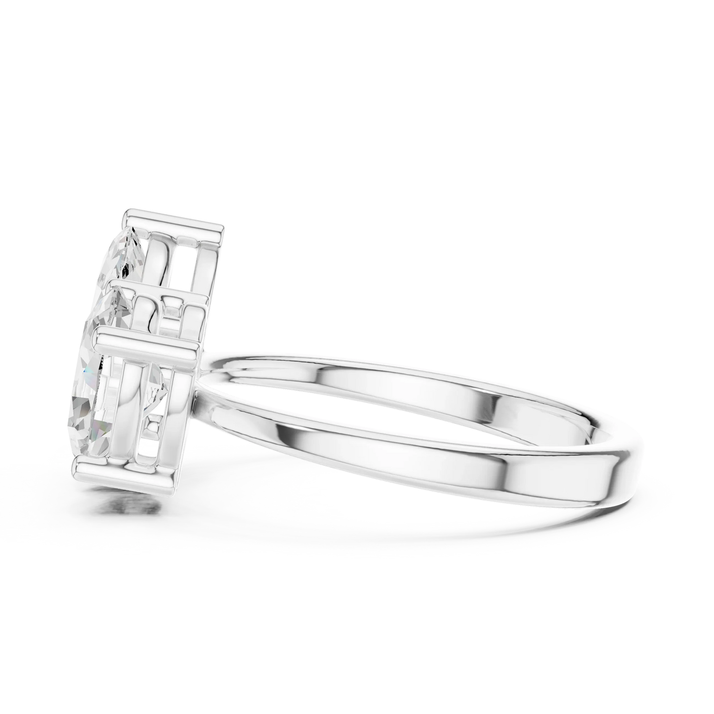 Side view of white gold Toi et Moi ring highlighting marquise and oval diamond setting