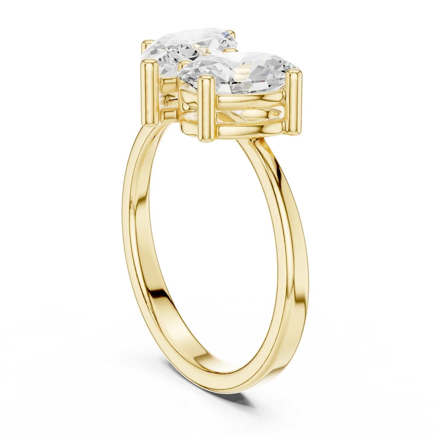 Back view of yellow gold Toi et Moi ring with marquise and oval lab-grown diamonds and smooth band