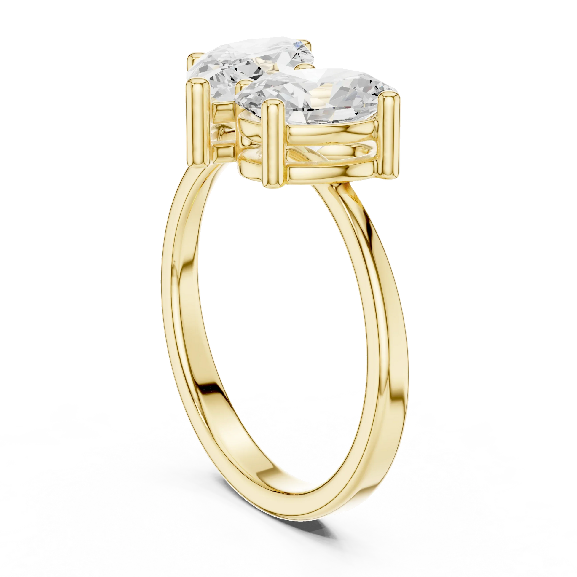 Back view of yellow gold Toi et Moi ring with marquise and oval lab-grown diamonds and smooth band