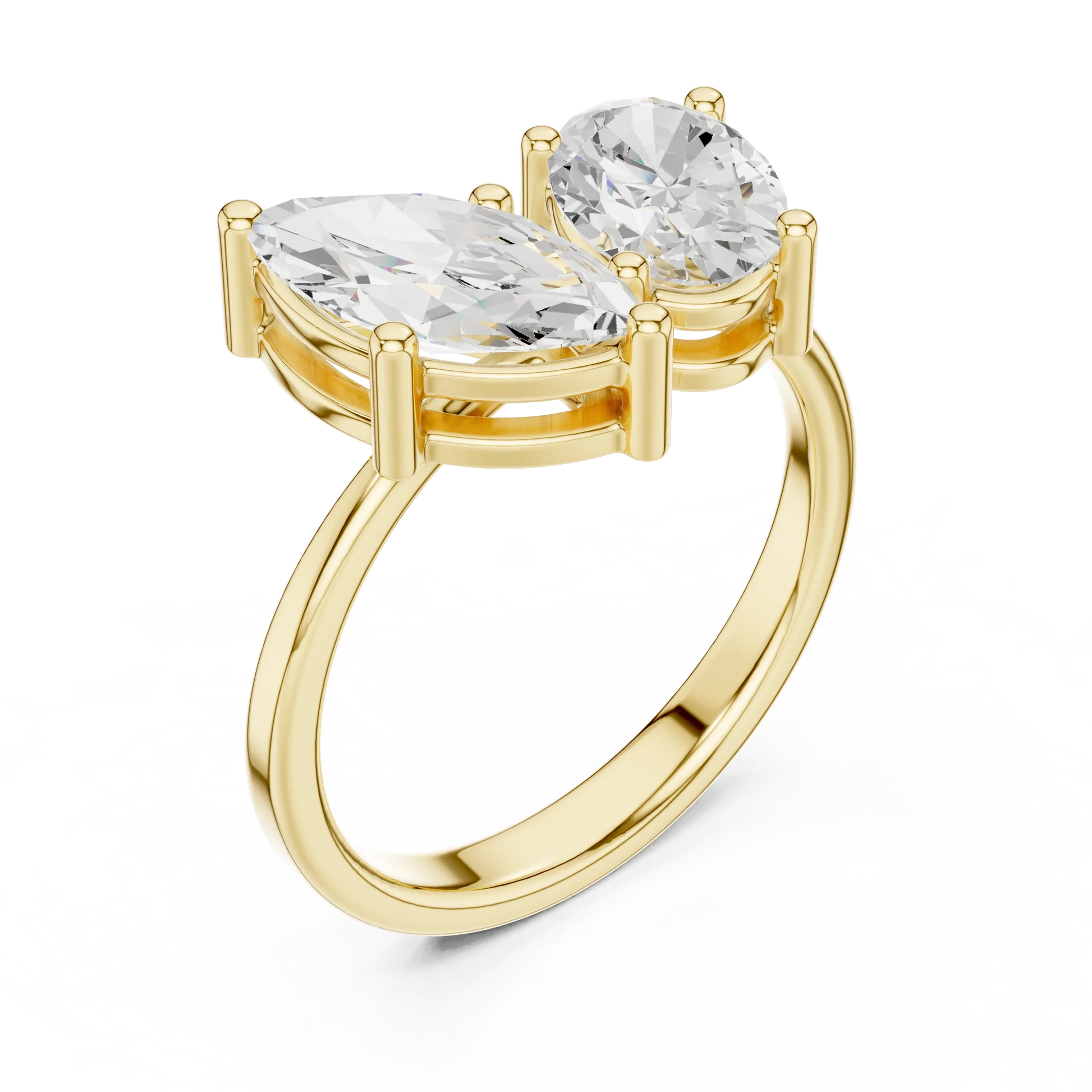 Front view of yellow gold Toi et Moi ring showcasing marquise and oval lab-grown diamonds