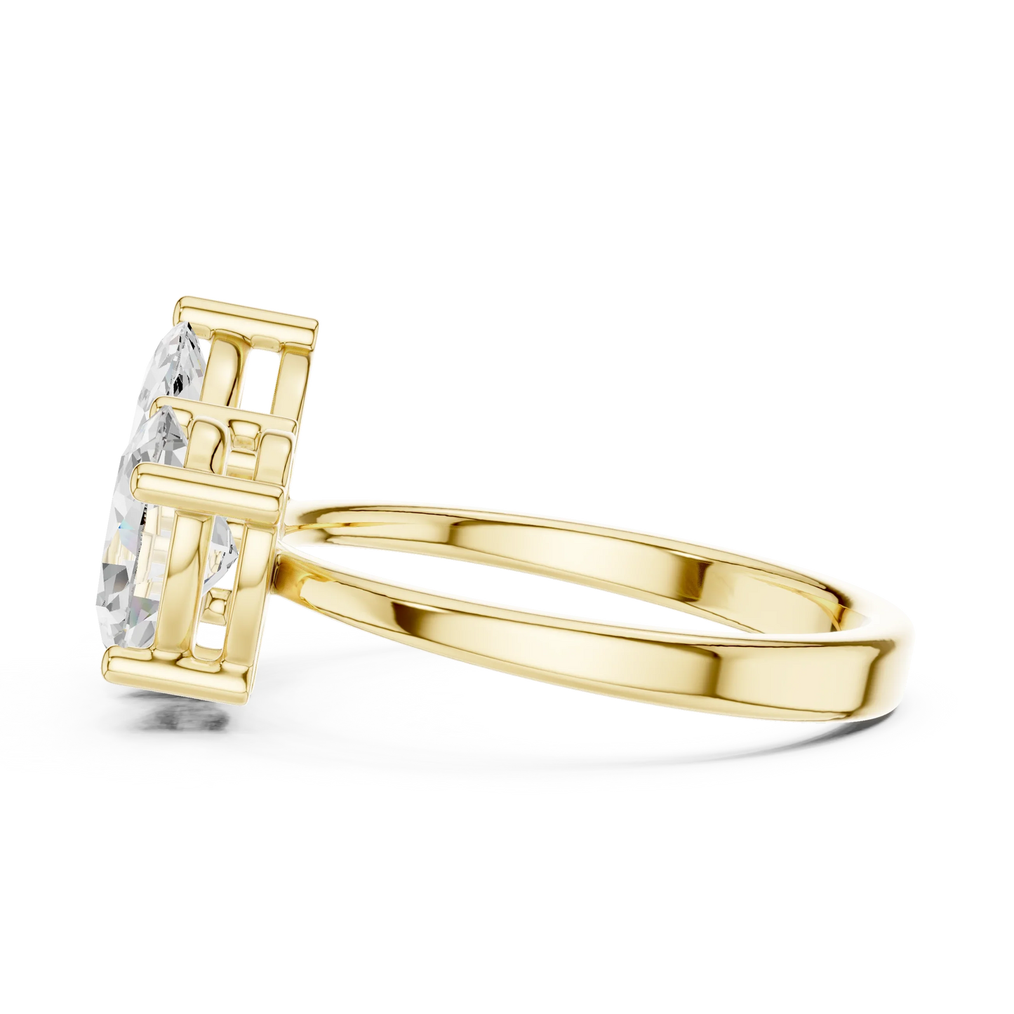 Side profile of yellow gold Toi et Moi ring highlighting marquise and oval diamond setting