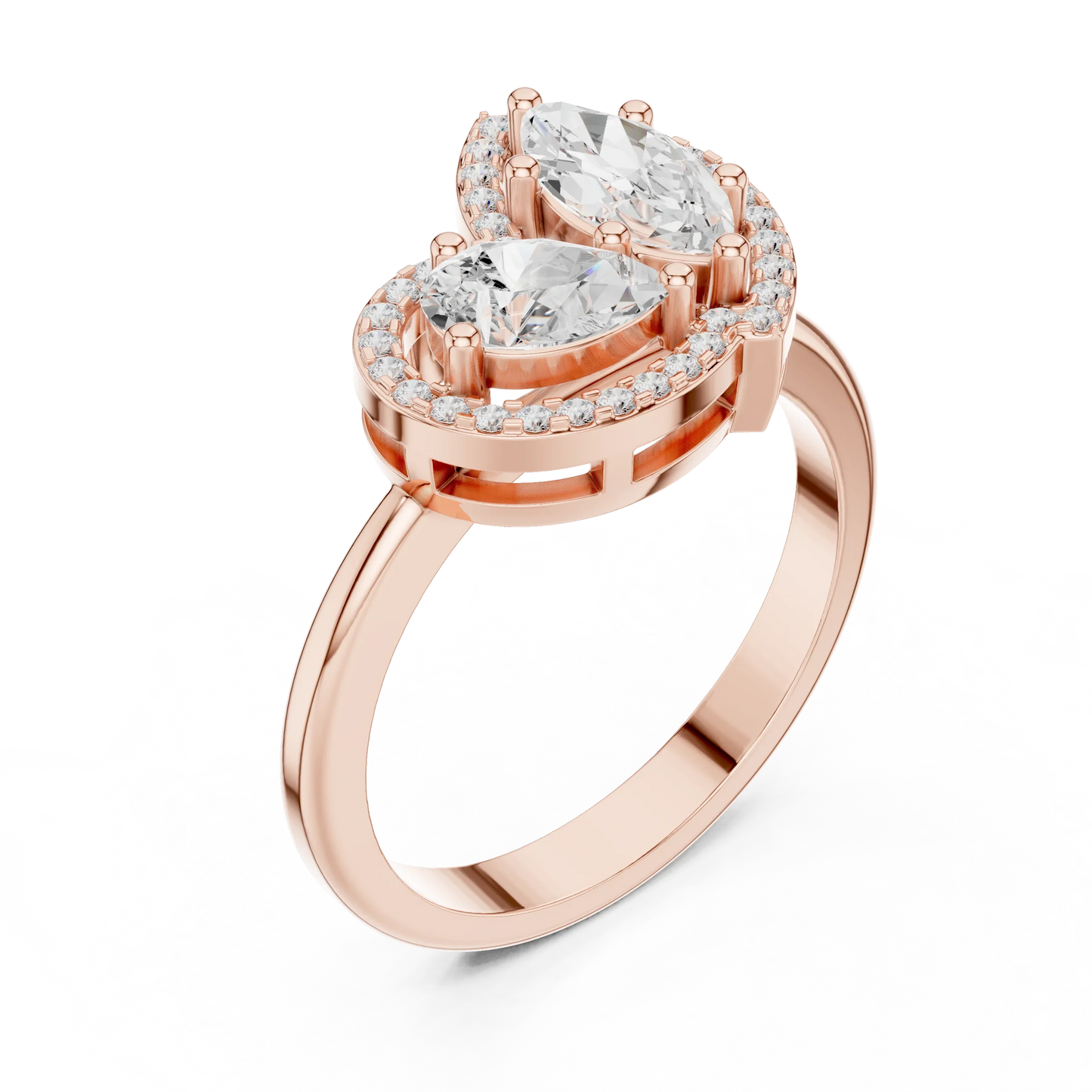 Front view of rose gold Toi et Moi ring featuring marquise and pear lab-grown diamonds with pavé halo design