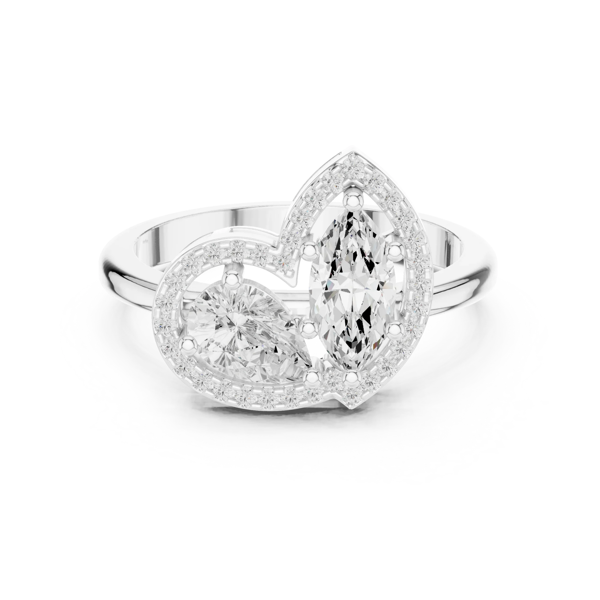 Toi et Moi ring with marquise and pear lab-grown diamonds, shared pavé halo and split shank in white gold, Australia collection