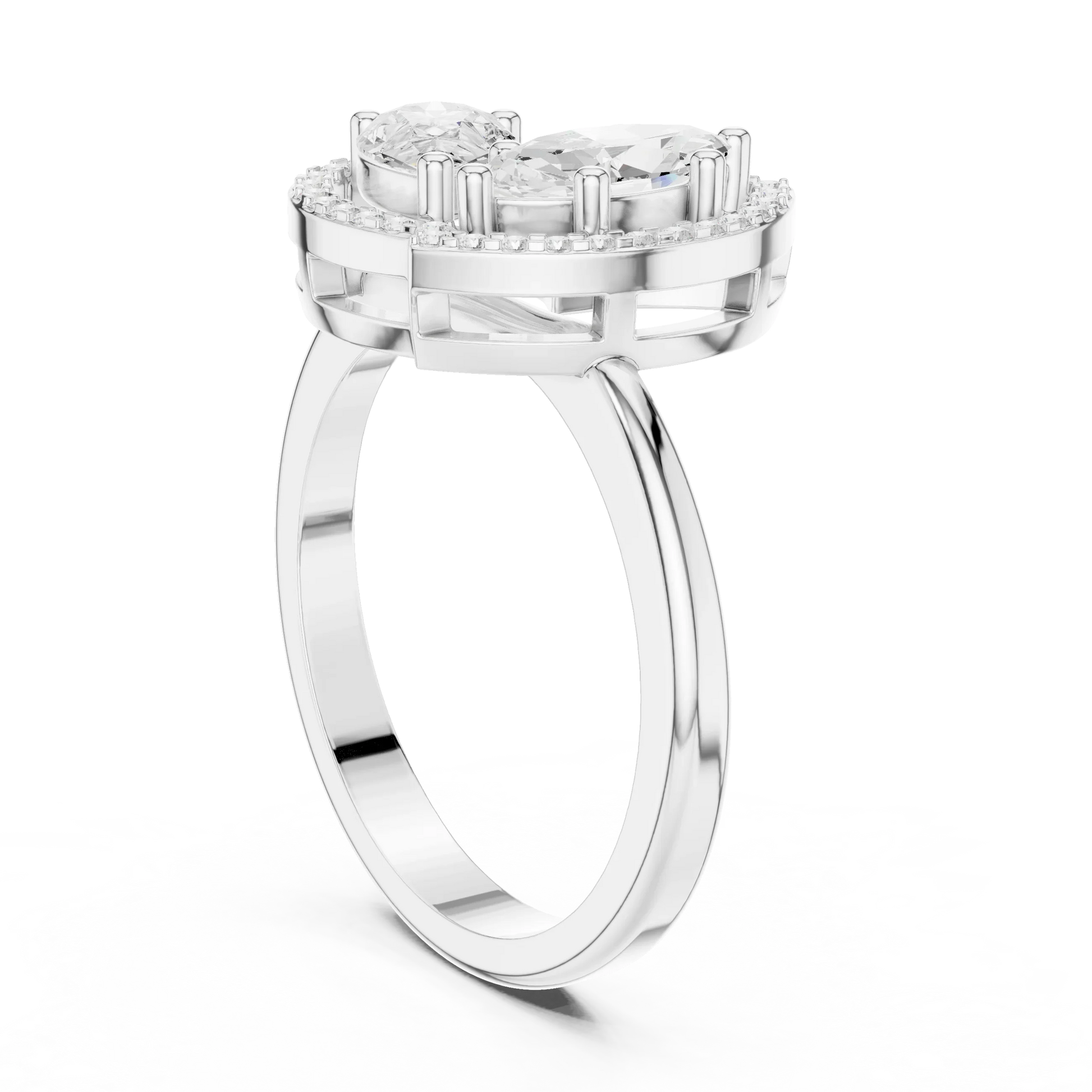 Back view of Toi et Moi ring in white gold featuring marquise and pear lab-grown diamonds with pavé halo and split band