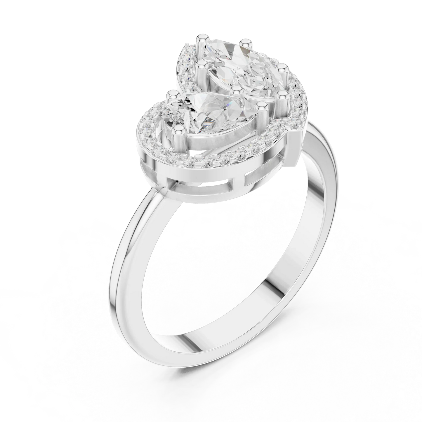 Front view of white gold Toi et Moi ring with marquise and pear lab-grown diamonds, pavé halo and split shank design