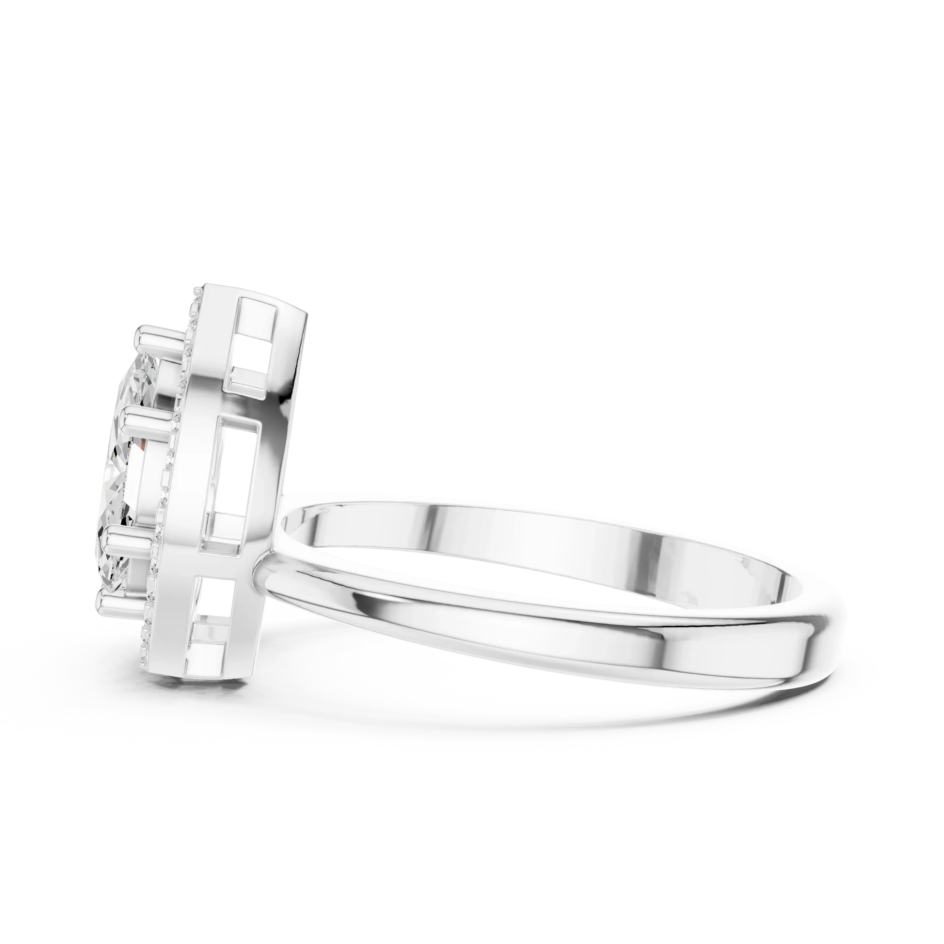 Side view of white gold Toi et Moi ring highlighting marquise and pear diamonds, pavé halo and split shank structure