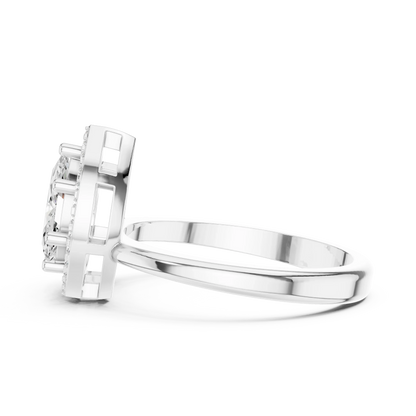 Side view of white gold Toi et Moi ring highlighting marquise and pear diamonds, pavé halo and split shank structure