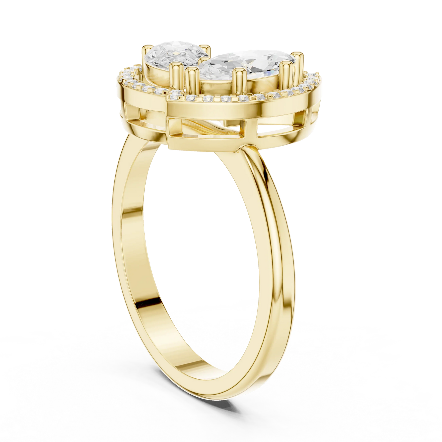 Back view of yellow gold Toi et Moi ring with marquise and pear lab-grown diamonds, pavé halo and split shank band