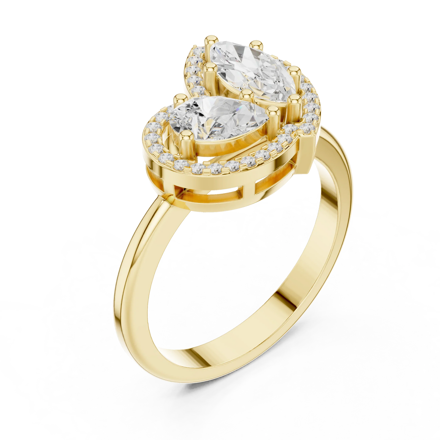 Front view of yellow gold Toi et Moi ring featuring marquise and pear lab-grown diamonds with pavé halo detailing
