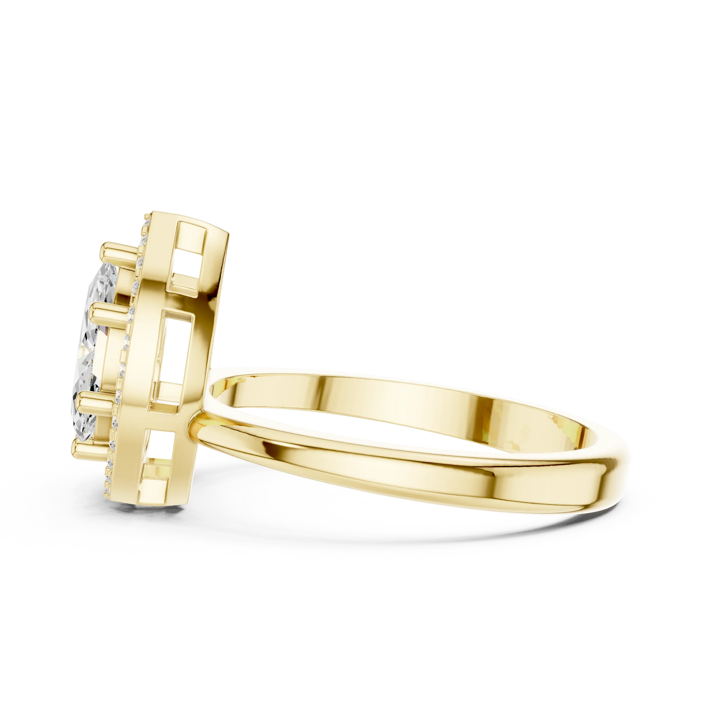 Side profile of yellow gold Toi et Moi ring highlighting marquise and pear diamonds with halo and split shank