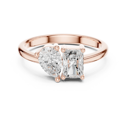 Toi et Moi ring with pear and radiant lab-grown diamonds in rose gold with modern romantic finish