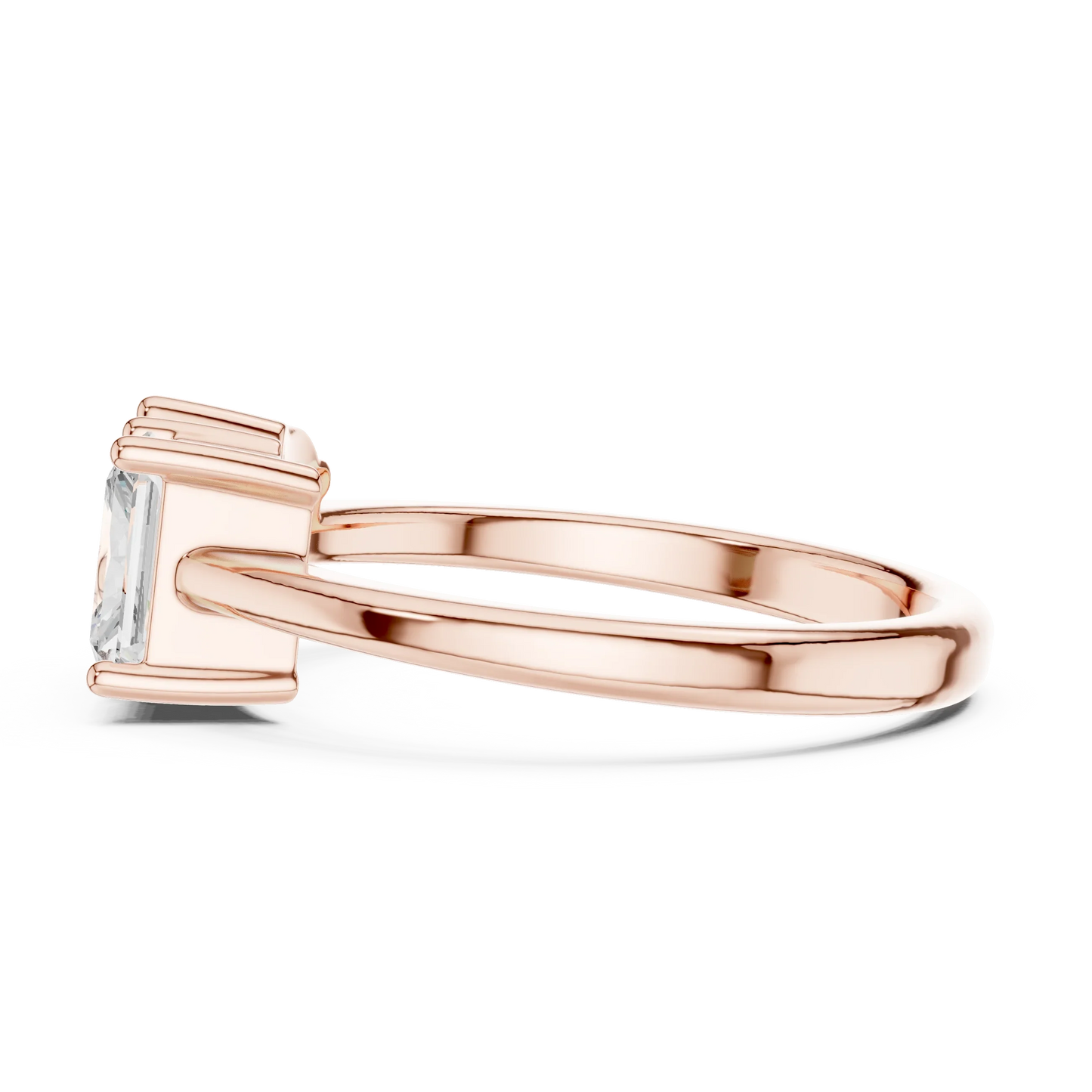 Side view of rose gold Toi et Moi ring featuring pear and radiant lab-grown diamonds