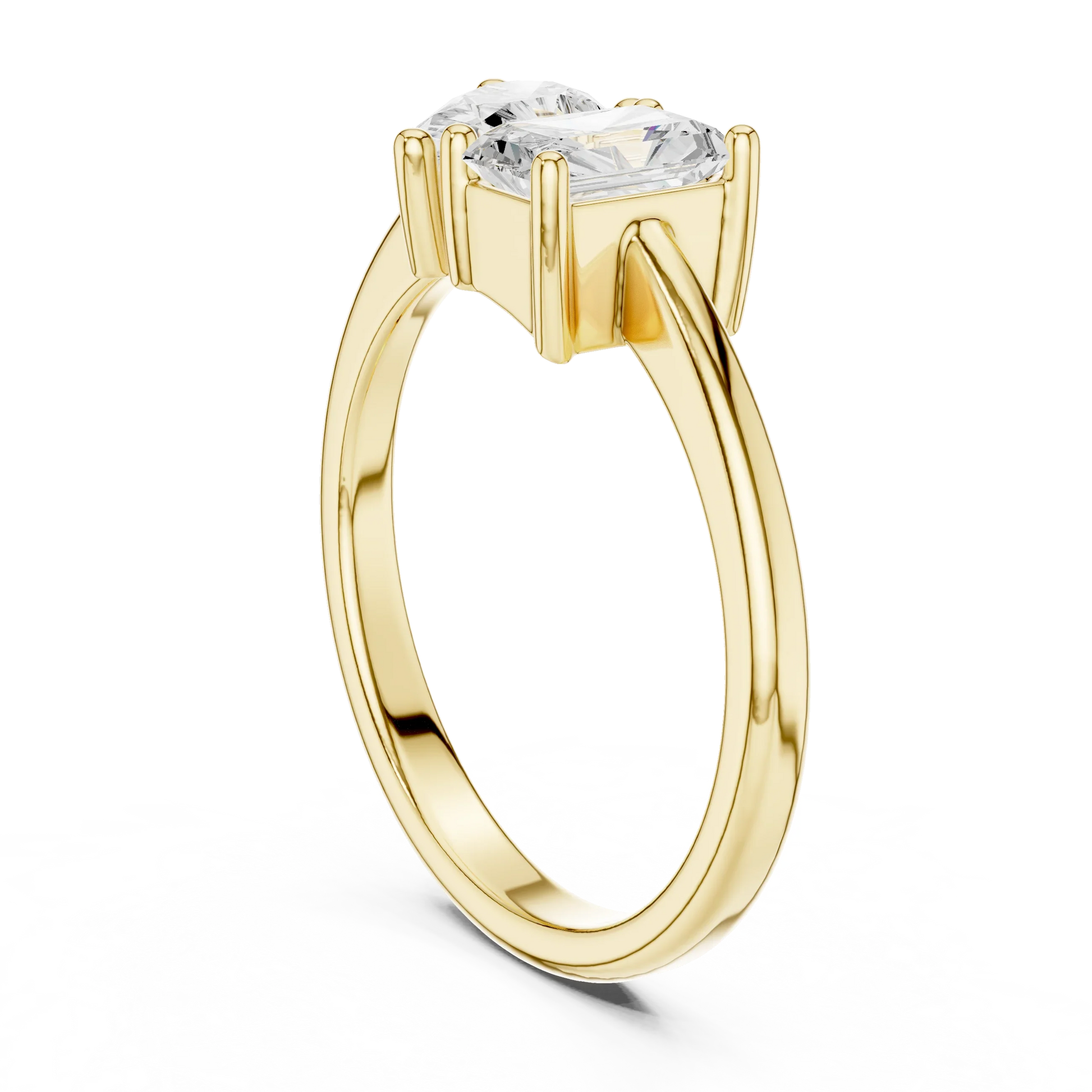 Back view of yellow gold Toi et Moi ring with pear and radiant lab-grown diamonds and smooth band