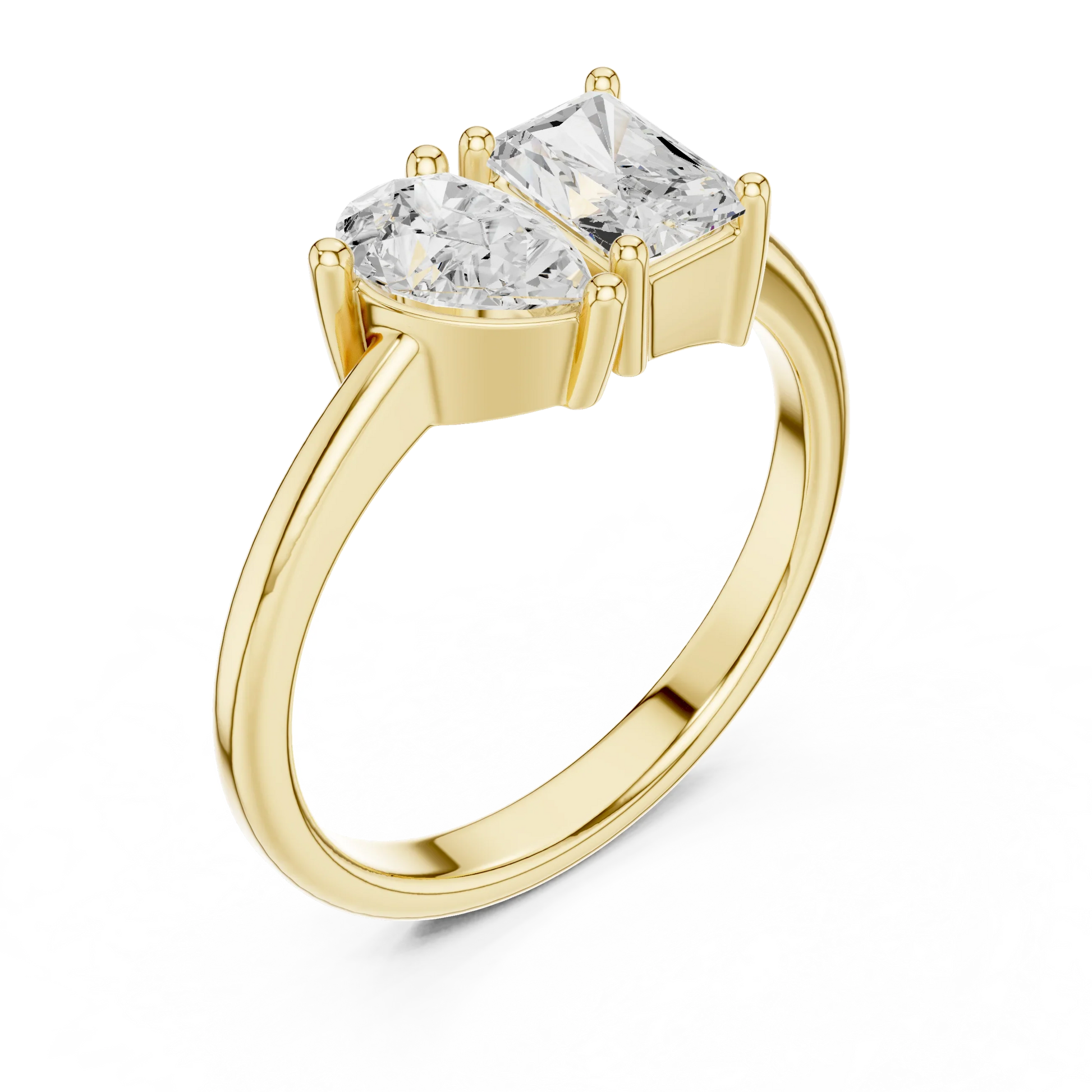 Front view of yellow gold Toi et Moi ring showcasing pear and radiant lab-grown diamonds