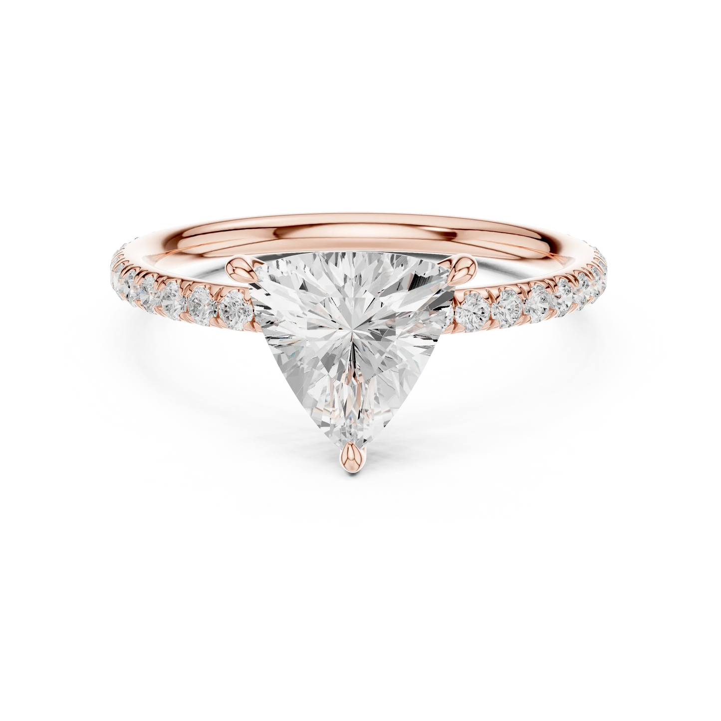 Lab-grown trillion cut solitaire ring in rose gold with thin pavé diamond band