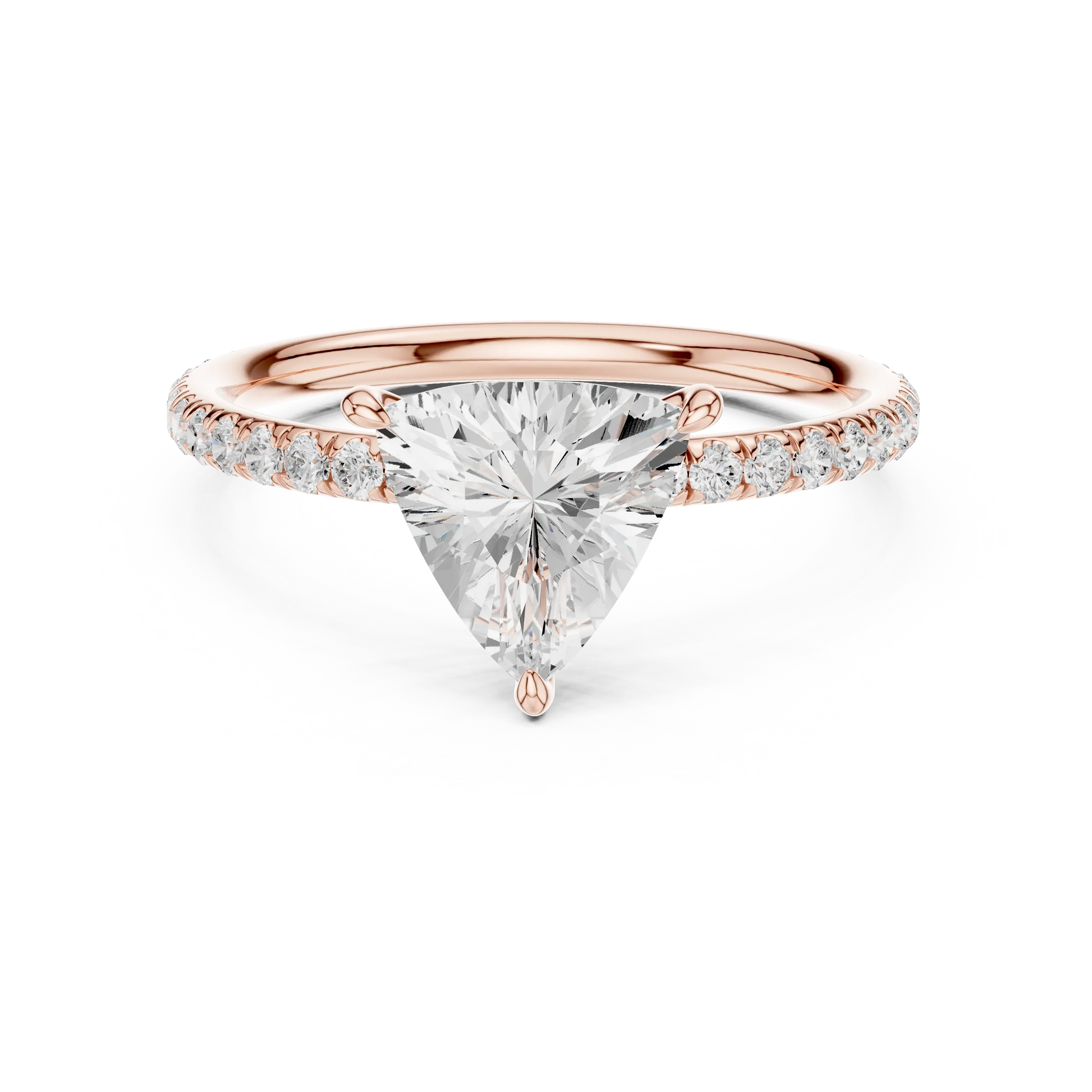 Lab-grown trillion cut solitaire ring in rose gold with thin pavé diamond band