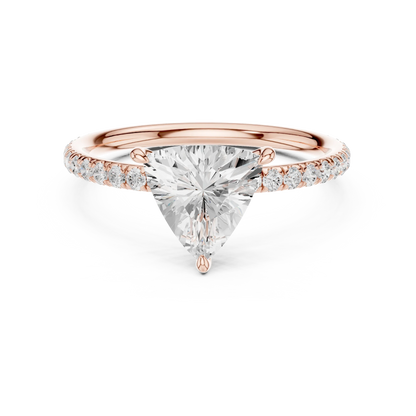 Lab-grown trillion cut solitaire ring in rose gold with thin pavé diamond band