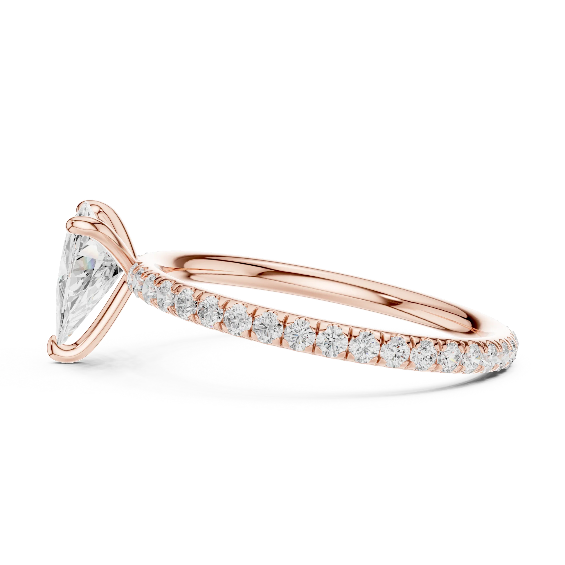 Side profile of rose gold trillion cut solitaire ring with thin pavé diamond band and elevated center stone