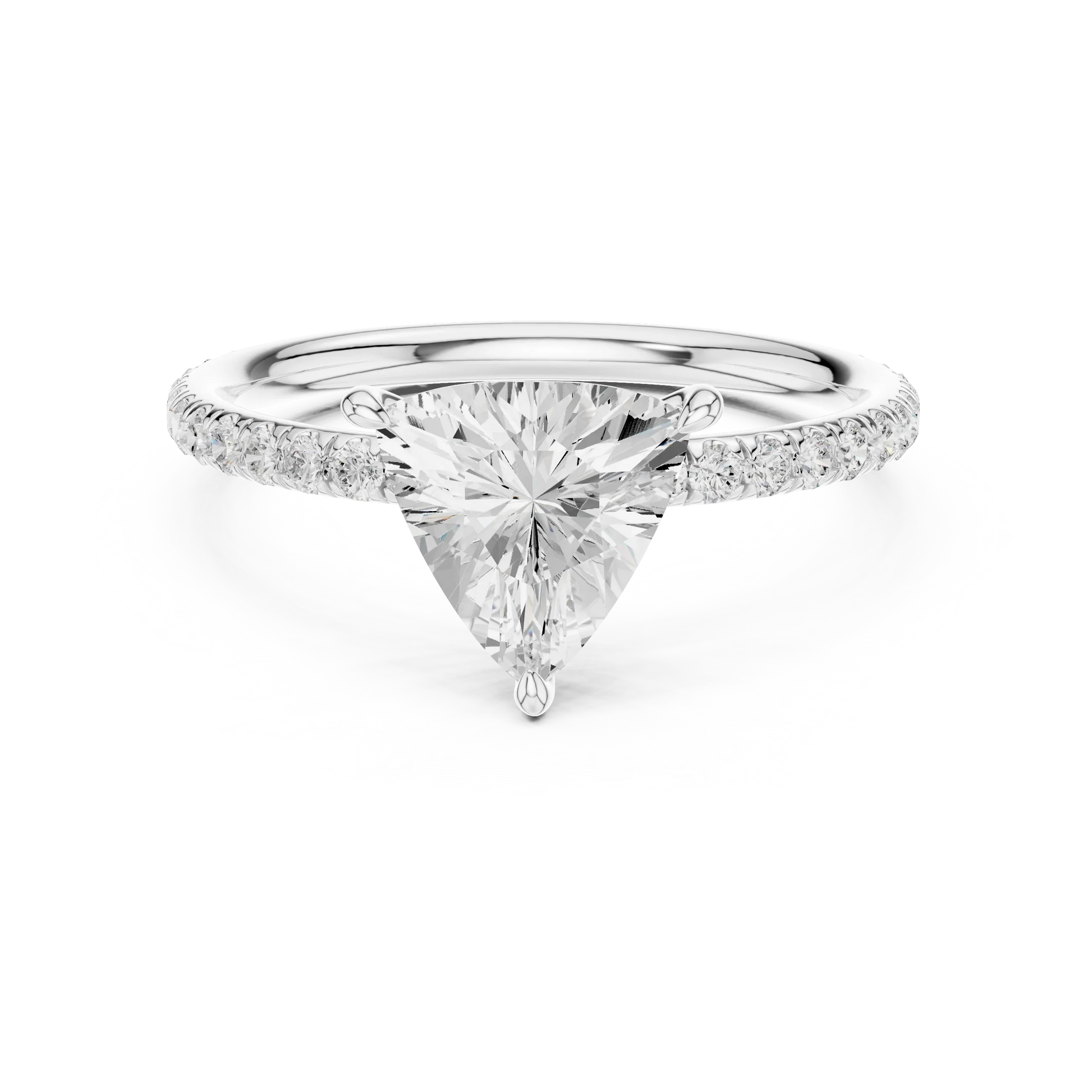 Lab-grown trillion cut solitaire ring in white gold with thin pavé diamond band