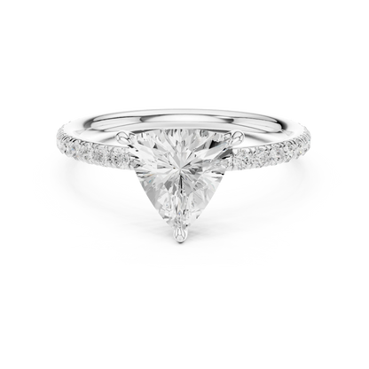 Lab-grown trillion cut solitaire ring in white gold with thin pavé diamond band