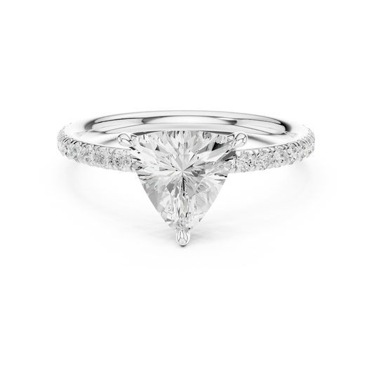 Lab-grown trillion cut solitaire ring in white gold with thin pavé diamond band