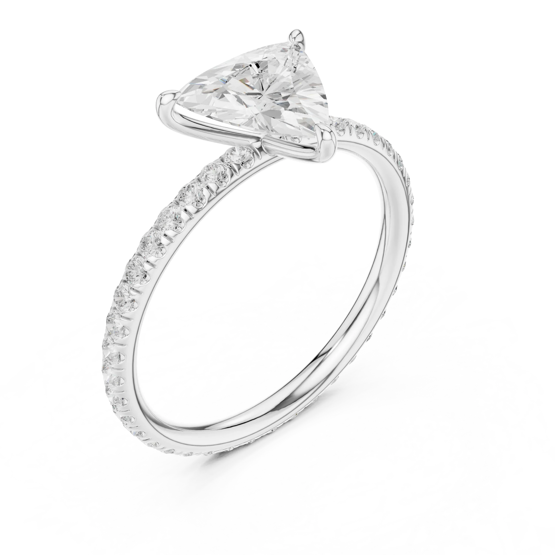Front view of white gold trillion cut solitaire ring with thin pavé diamond band and center stone