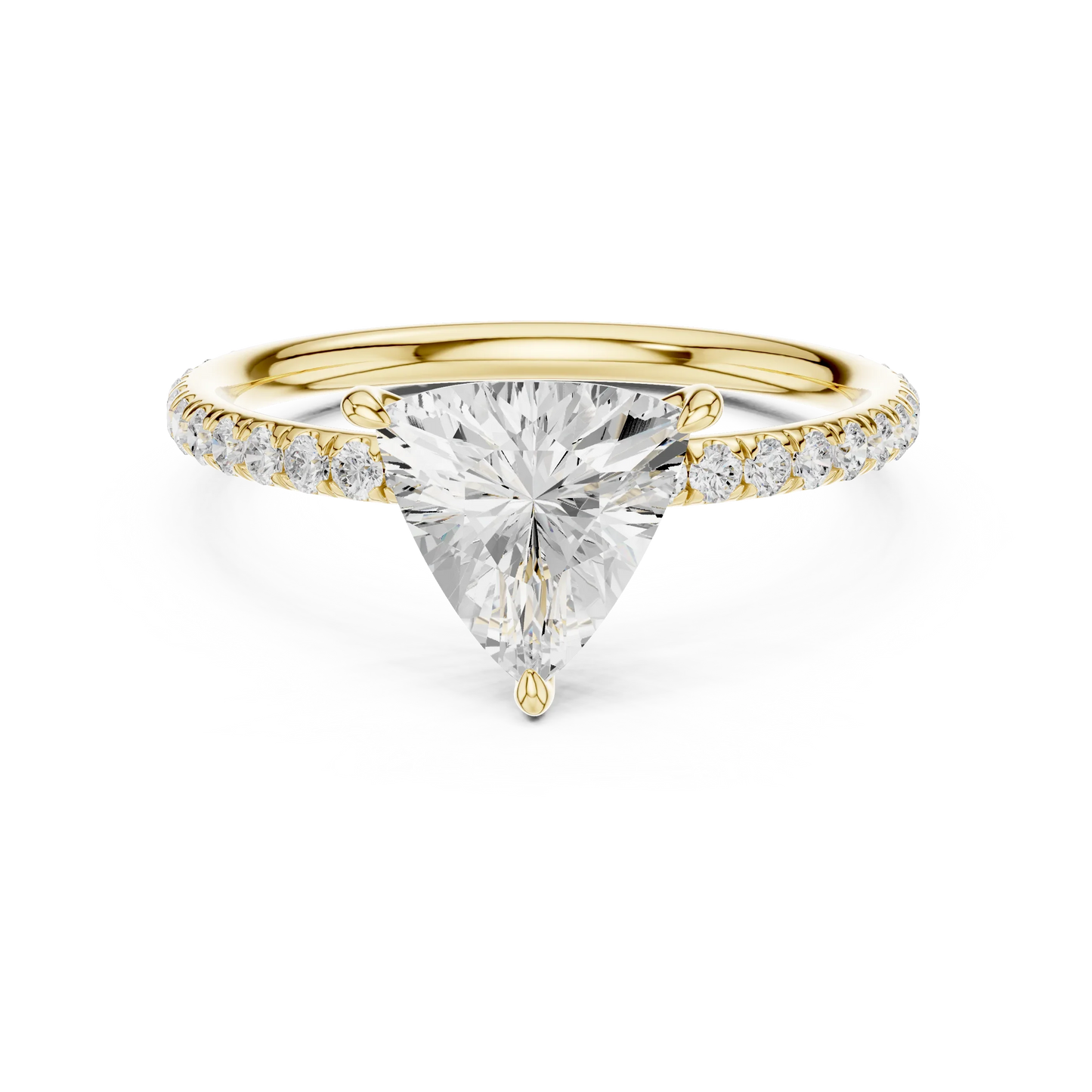 Lab-grown trillion cut solitaire ring in yellow gold with thin pavé diamond band