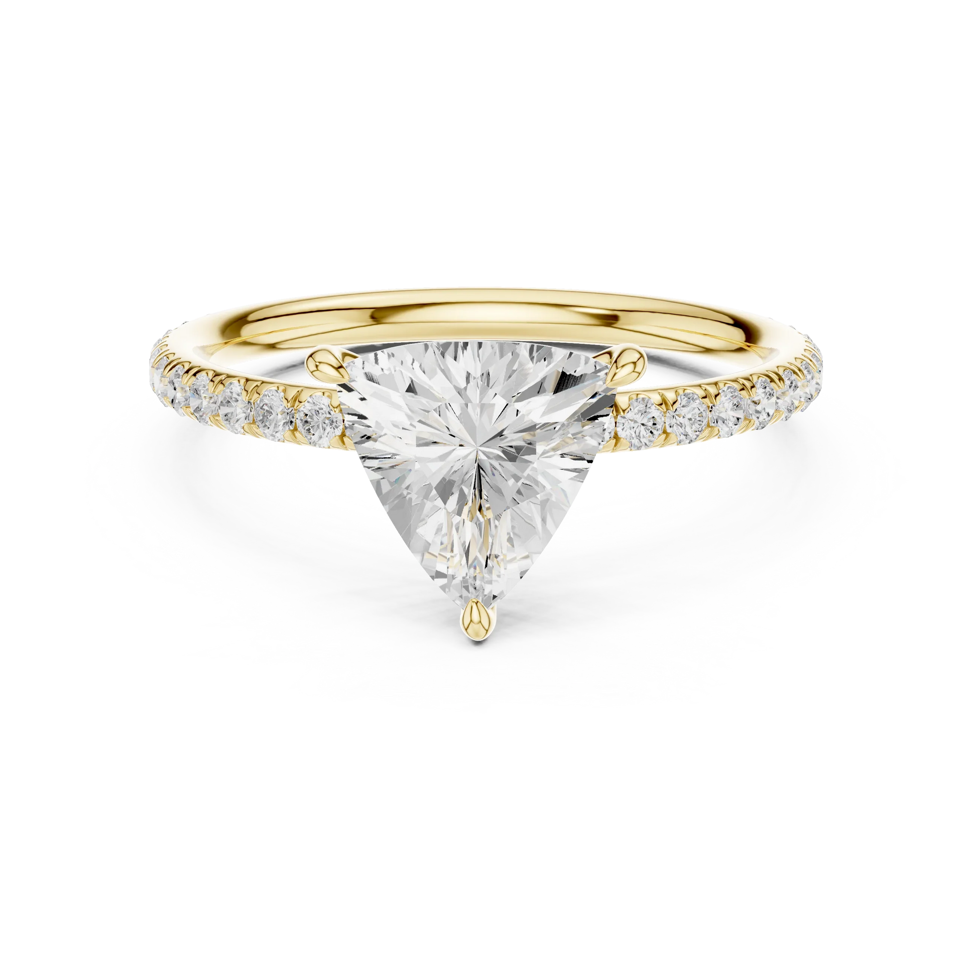 Lab-grown trillion cut solitaire ring in yellow gold with thin pavé diamond band
