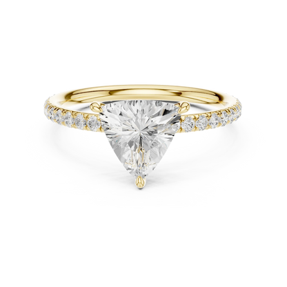 Lab-grown trillion cut solitaire ring in yellow gold with thin pavé diamond band