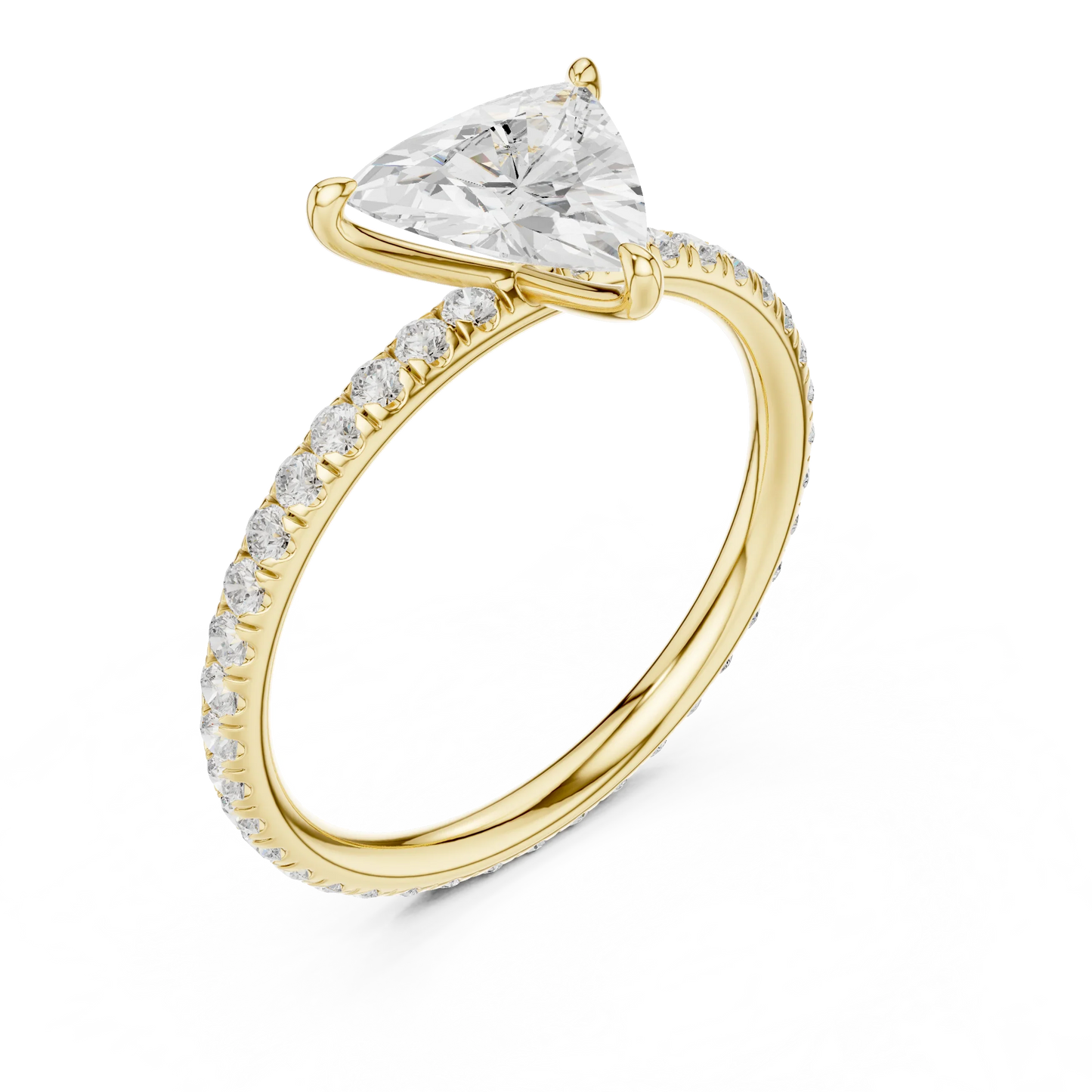 Front view of yellow gold trillion cut solitaire ring with thin pavé diamond band and center gemstone