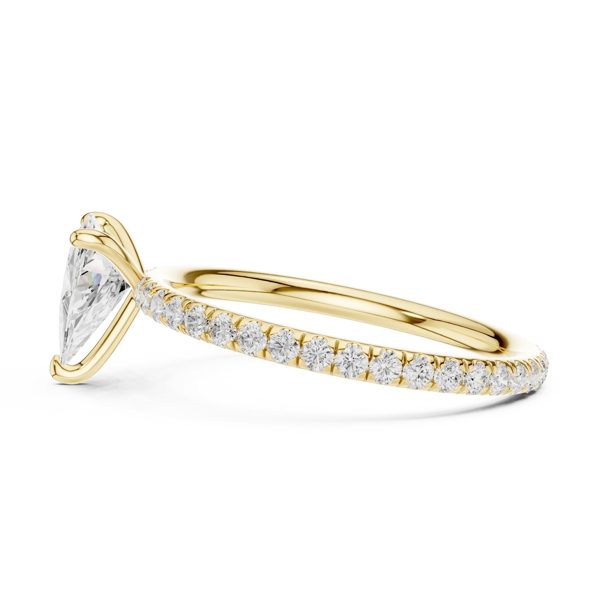 Side view of yellow gold trillion cut solitaire ring with thin pavé diamond band and prong setting