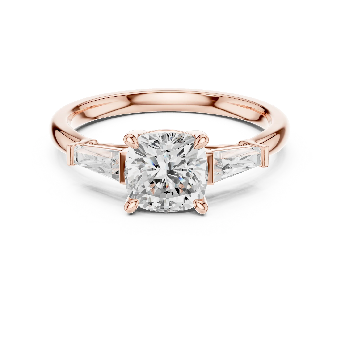 Lab-grown cushion cut diamond trinity ring in rose gold with three-stone design