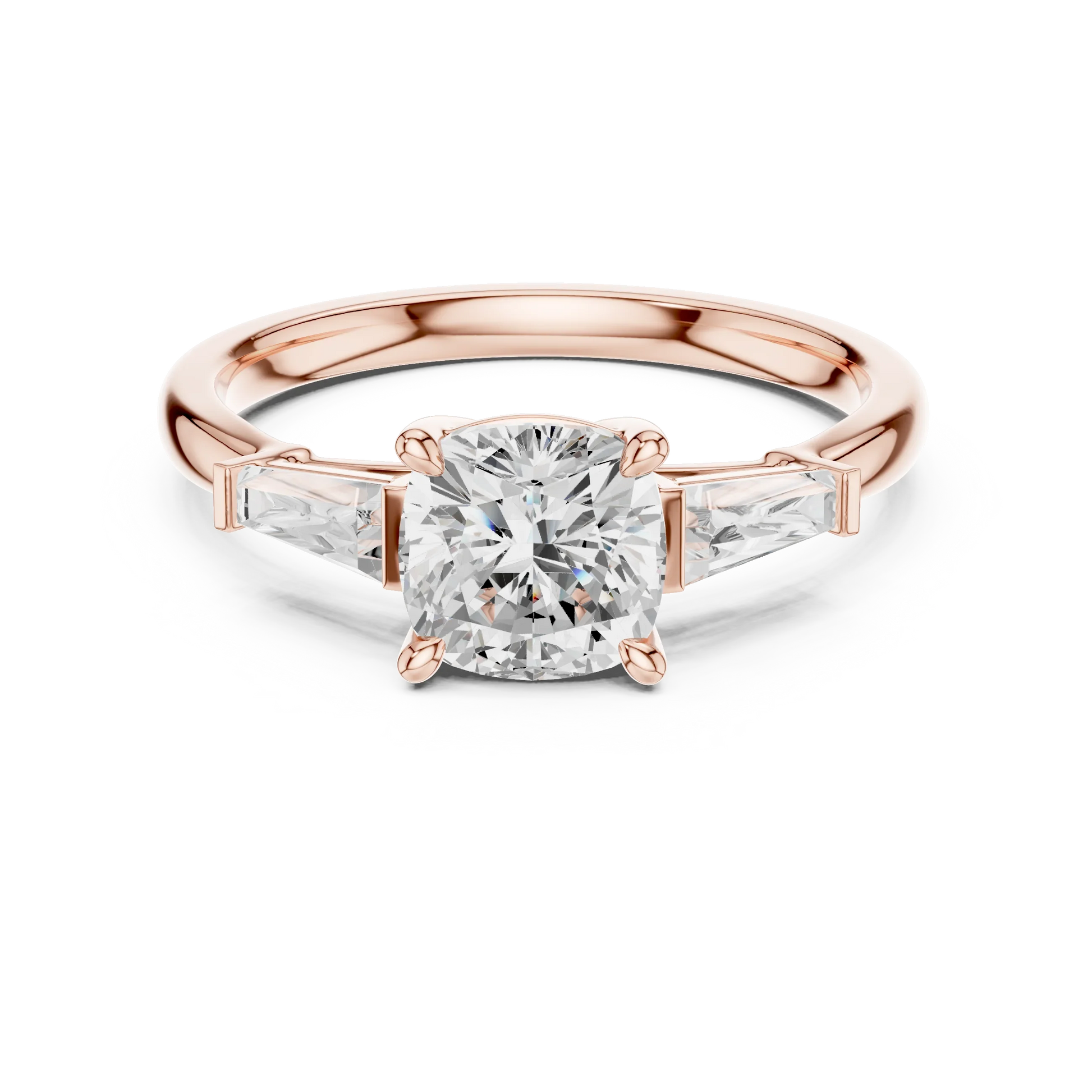 Lab-grown cushion cut diamond trinity ring in rose gold with three-stone design