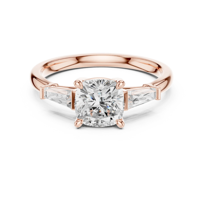 Lab-grown cushion cut diamond trinity ring in rose gold with three-stone design
