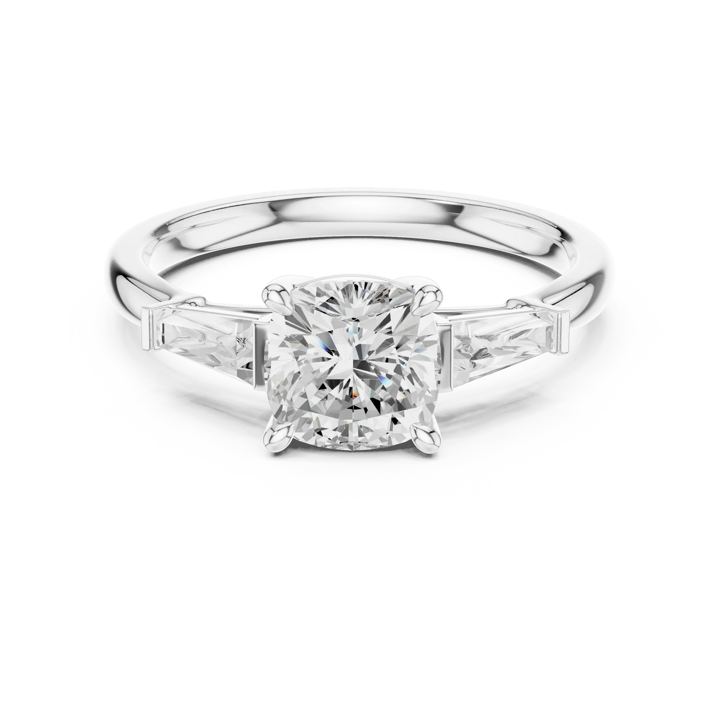 Lab-grown cushion cut diamond trinity ring in white gold with glowing three-stone design