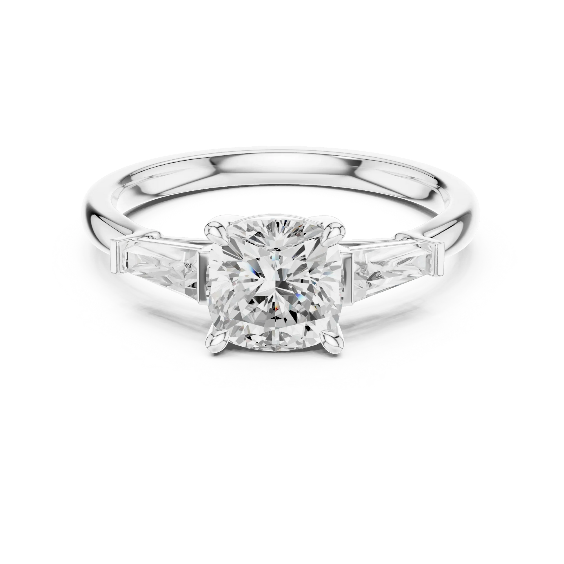 Lab-grown cushion cut diamond trinity ring in white gold with glowing three-stone design