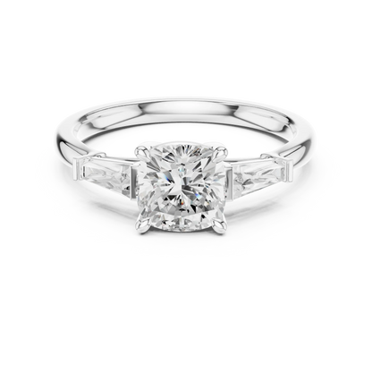 Lab-grown cushion cut diamond trinity ring in white gold with glowing three-stone design