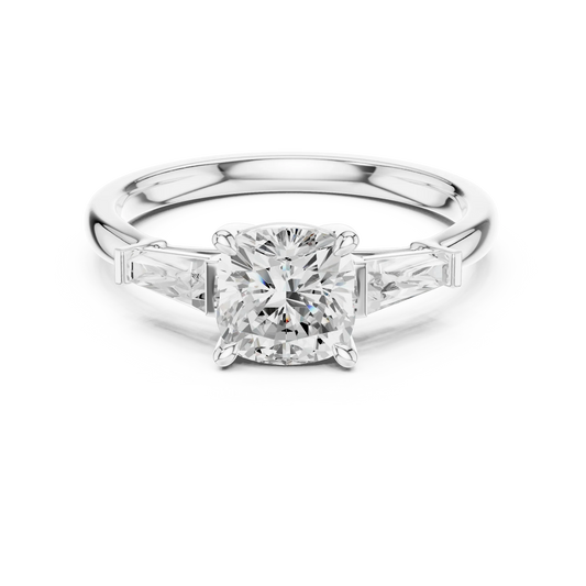Lab-grown cushion cut diamond trinity ring in white gold with glowing three-stone design