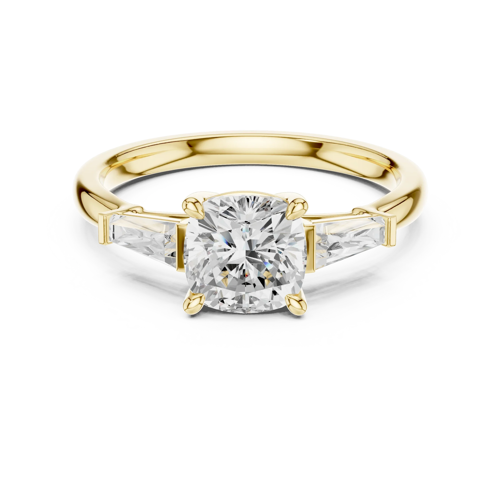 Lab-grown cushion cut diamond trinity ring in yellow gold with three-stone design