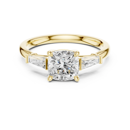 Lab-grown cushion cut diamond trinity ring in yellow gold with three-stone design