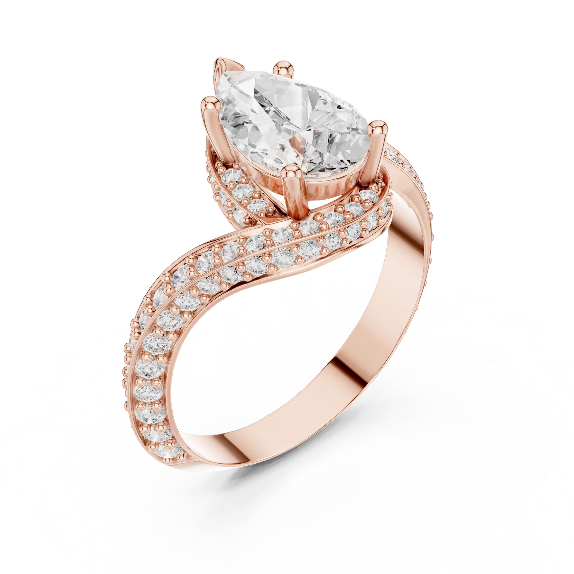 Twisted pear diamond ring in rose gold with lab-grown diamond front view