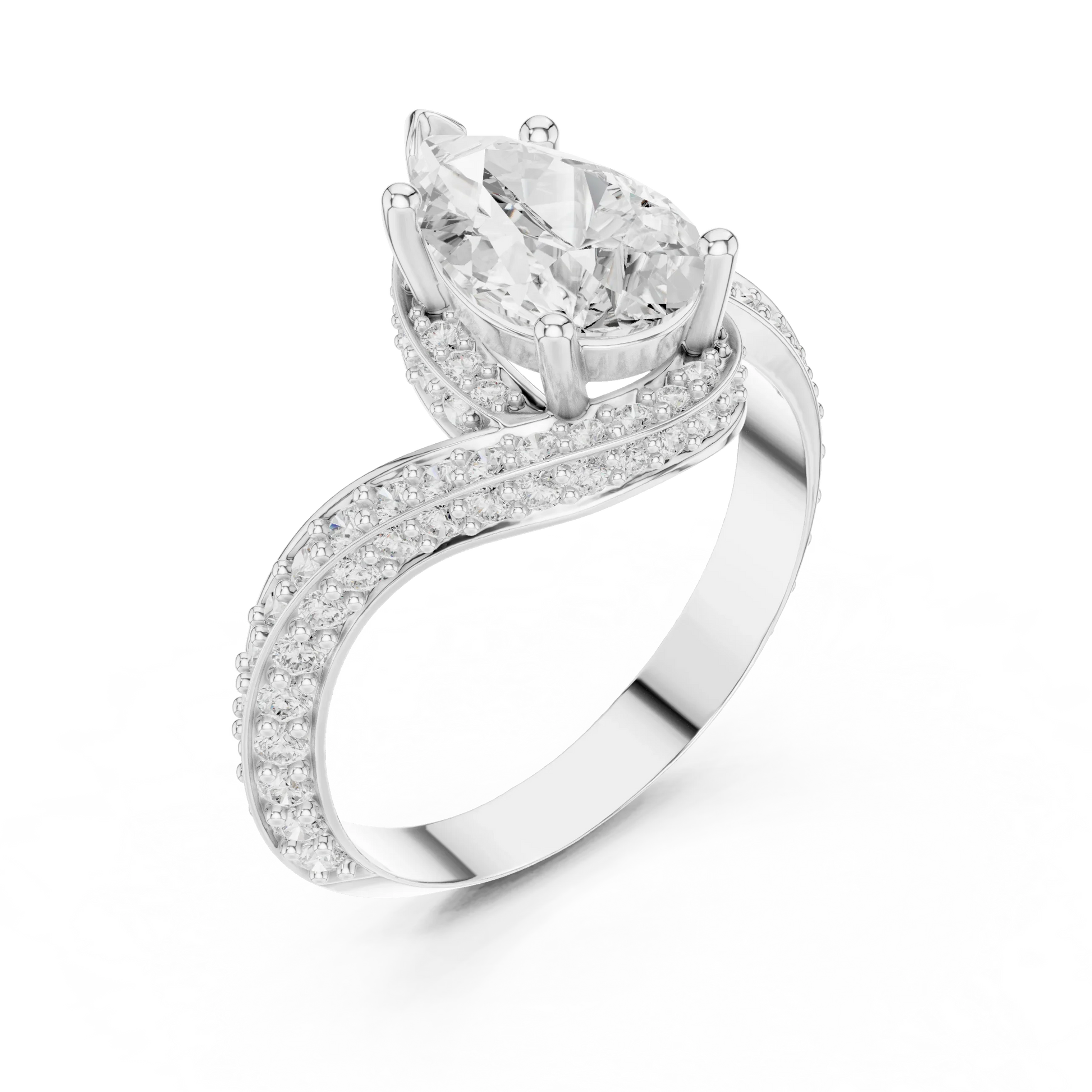 Twisted pear diamond ring in white gold with lab-grown diamond front view