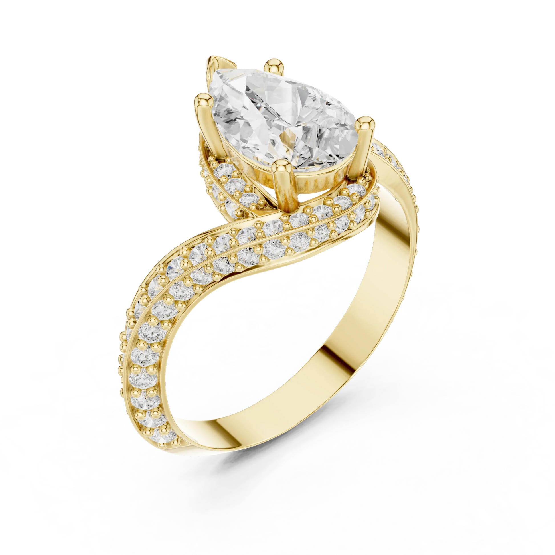 Twisted pear diamond ring in yellow gold with lab-grown diamond front view