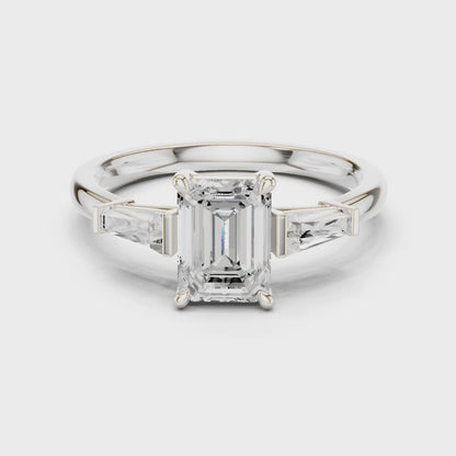 Emerald Three Stone Ring with Half Moon Side Stones