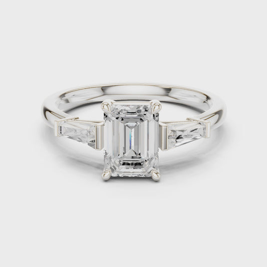 Emerald Three Stone Ring with Half Moon Side Stones