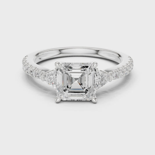 Noosa Asscher Three-Stone Pav茅 Diamond Ring
